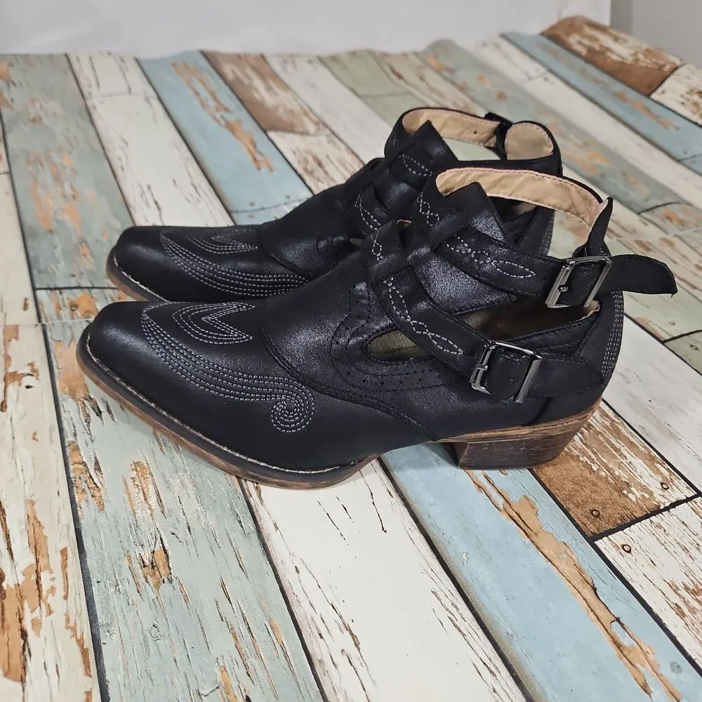 ROPER Willa Size 8.5 Black Embroidered Western Cowgirl Booties,  Double Buckle